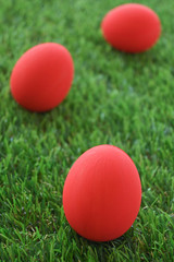 Fototapeta na wymiar red easter egg on lawn green grass artificial, image of morning springtime concept