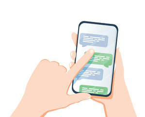 Pair of hands holding smartphone or mobile phone with chat or messenger application on screen. Instant messaging