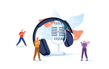 Vector illustration, news, interviews, music, voice acting, sound recording on the radio into a microphone, teamwork