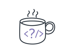 Cup of coffee with code sign vector sketch icon isolated on background. Hand drawn Cup of coffee with code sign icon.