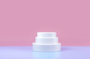 Round podium, pedestal or wedding cake platform, for product presentation. 3d illustration. Bright podium. Advertising place. Blank product stand background in pastel pink blue colors.