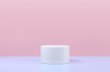Round podium, pedestal or platform, cosmetic background for product presentation. 3d illustration. Bright podium. Advertising place. Blank product stand background in pastel pink blue colors.