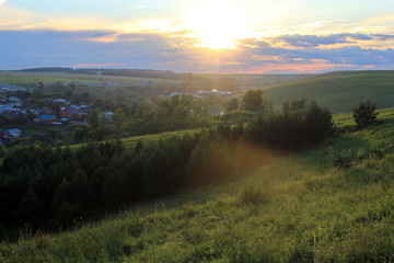 Summer sunset in the village. Ecotourism. Fir trees against the sunset sky