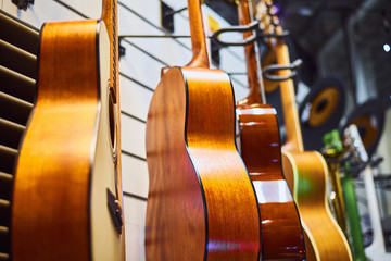 Row of classic acoustic guitars in the shop
