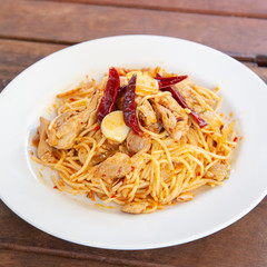 Spaghetti spicy Tom Yum chicken, Thai fusion food