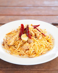 Spaghetti spicy Tom Yum chicken, Thai fusion food