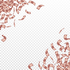 Russian ruble notes falling. Small RUB bills on tr