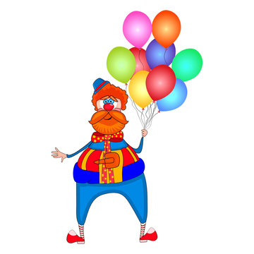 Clown with colorful balloons isolated on white background. Red nose day. Circus clown cartoon character. April fools day with crazy jester. For circus and entertainment design. Stock vector 