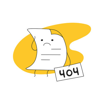 404 error web page, an upset sheet of paper with 404 sign in hand. This page is not available now concept. Flat thin line modern vector illustration on white.