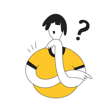 Portraits of thoughtful man. Cute smart men thinking or solving problem. Pensive doubting boy surrounded by thought question mark bubble. Flat thin line cartoon vector illustration.