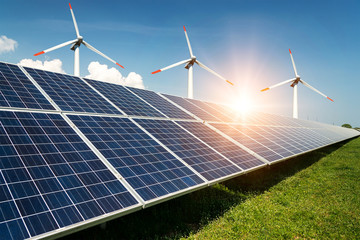 Photo collage of solar panels and wind turbins - concept of sustainable resources - Image