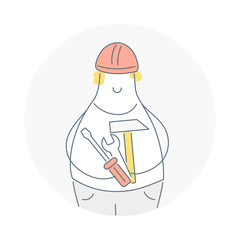 Multi-Tool worker, builder repairman with different tools in hands, contractor service. Flat thin line vector illustration on white.