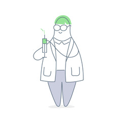 Syringe, doctor with medical injection in hand. Medicine plastic vaccination equipment with needle, syringe for treatment. Health care in hospital concept. Flat line vector on white background.