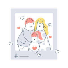 Family photo in social media post, SMM influencer at work, viral marketing, native advertising in post, blogging. Flat line isolated vector illustration on white background.