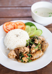 Rice topped with stir fried chicken and basil