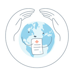 Protecting the planet and it's health, cute planet earth holds a certificate in hands, asking for help holding a sick leave or request for help. Clean line vector illustration on white.