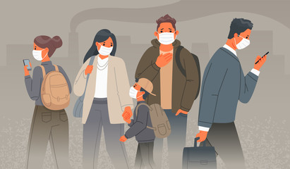 Air pollution in industrial cities. Sad people in medical protective masks on their faces against the background of smoking chimneys of factories. Dust and smog