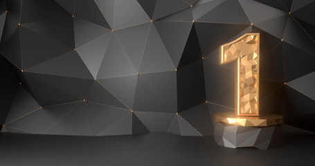 Number one 3d gold on a black triangle abstract backdrop.3d Rendering.