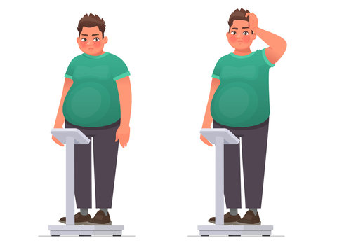 Overweight. A pensive fat man is standing on the scales. It's time to lose weight. Vector illustration