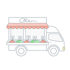 Street food hand drawn concept, open food van or truck with local meals, marketplace for selling products. Clean line vector icon illustration on white background.