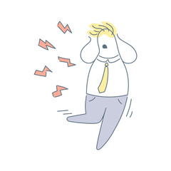 Stressed cartoon business man, stress at work. The man clutching his head runs from lightning, escape from problems. Flat clean line isolated vector illustration on white background.