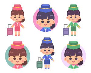 Set of cute air hostess character design and avatar. Air hostess holding suitcase on white background. Flat vector cartoon illustration.