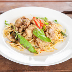 Spaghetti stir fried spicy thai pad ki mao chicken