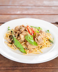 Spaghetti stir fried spicy thai pad ki mao chicken
