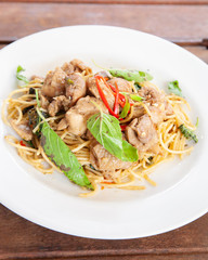 Spaghetti stir fried spicy thai pad ki mao chicken