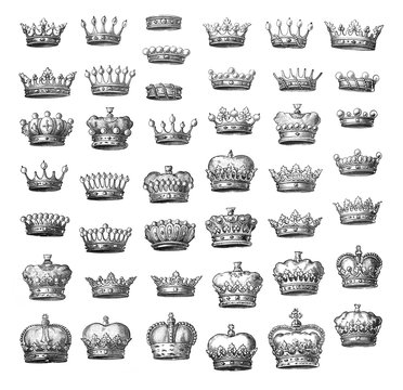 Mega Collection of vintage crowns/ Engraved antique illustration from Brockhaus Konversations-Lexikon 1908