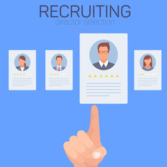 Icon with Workers on Blue Background. Recruiting Director Selection. Search for Colleagues. Candidate for Position. Vector Illustration. Explore Workflow. HR Manager. Recruitment Agency. Review Resume