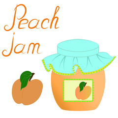 Home canning, food. Peach apricot sweet dessert jam juice in a glass jar with a lid with a sticker label, fresh fruit with leaves and the inscription. Set of three color icons isolate white background