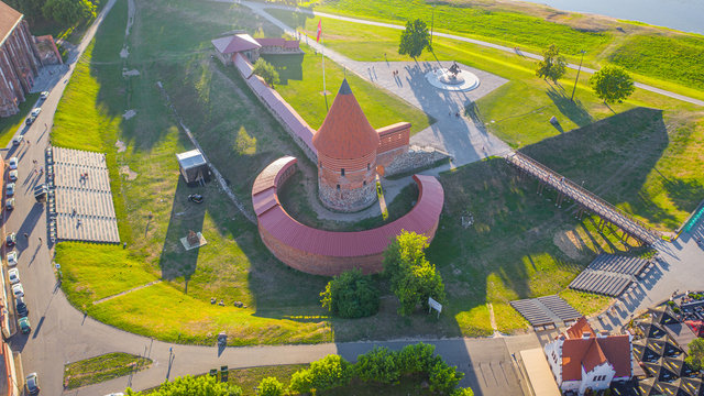 Beautiful panoramic aerial view photo from flying drone on Kaunas Castle on a wonderful sunny day.Kaunas, Lithuania