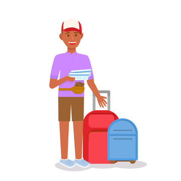recommend clip art: Smiling Young Man with Tanned Skin Wearing Cap, Purple Shirt and Pants Holding Tickets in Hands Standing at Suitcases Luggage Isolated on White Background. Summer Time Cartoon Flat Vector Illustration