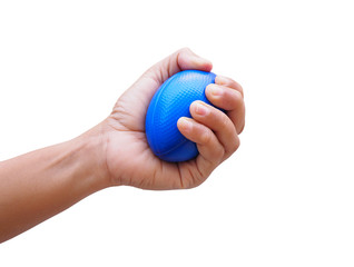 hand exercise with squeezing blue ball or stress ball isolated on white background with clipping path.