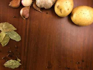 Products on wood background