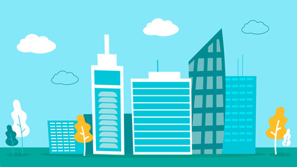 Flat Banner with Modern Apartment Building in City. Vector Cityscape with Business Center Illustration. Life in Big Smart Technological Town, Social Communication. Contemporary Urban Skyline Theme.