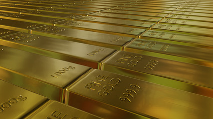 Close-up 3D animation view of fine gold bars.