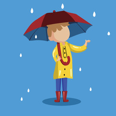 A girl in yellow raincoat. Woman wears a raincoat holding an umbrella. Rainy season. Rainy day. vector illustration.