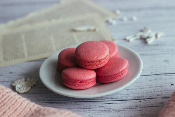 Macaroons. Delicious french dessert. Romantic composition