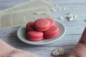 Macaroons. Delicious french dessert. Romantic composition