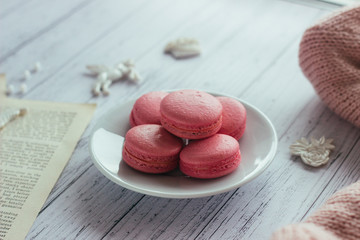 Macaroons. Delicious french dessert. Romantic composition