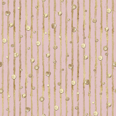 Abstract seamless pattern with 3d golden glittering acrylic paint polka dot and stripes on pastel pink background
