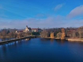Aerial view of Nesvizh park and castle in Belarus