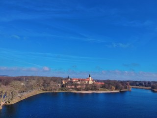 Obraz premium Aerial view of Nesvizh park and castle in Belarus