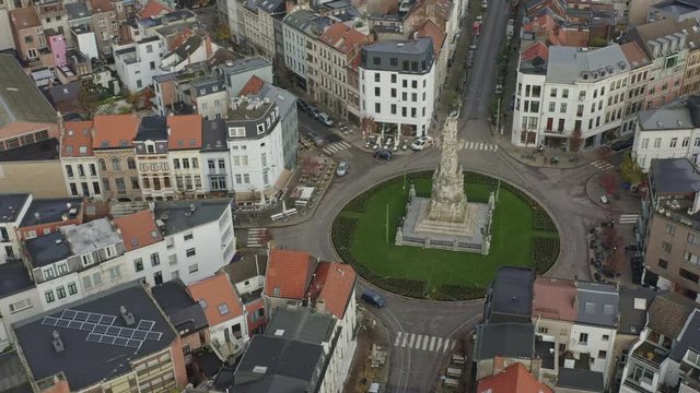 Antwerp Belgium Aerial v7 Birdseye view flying around Monument Schelde Vrij circle in Zuid district - November 2019
