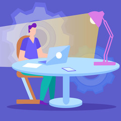 Man Works on Laptop in Light Such Lamp. Vector Illustration. Idea Generation. Creating Business Ideas. Work at Laptop. Turn into Reality Thoughts. Use Electronic Media. Reward for New Idea.