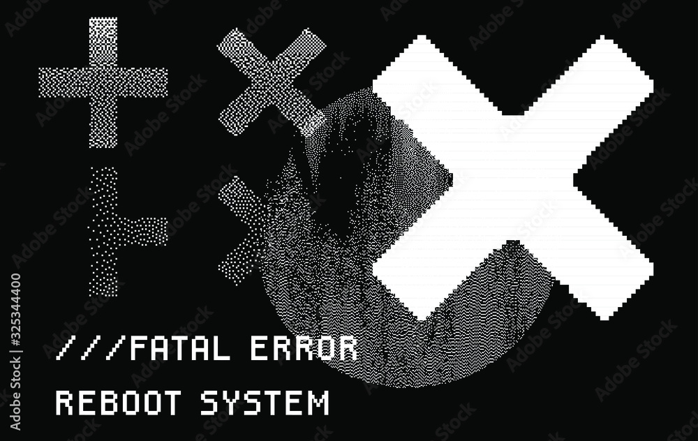 Poster Geometric composition with crosses and glitched and pixelated texture on dark background. Set of pixel art elements.