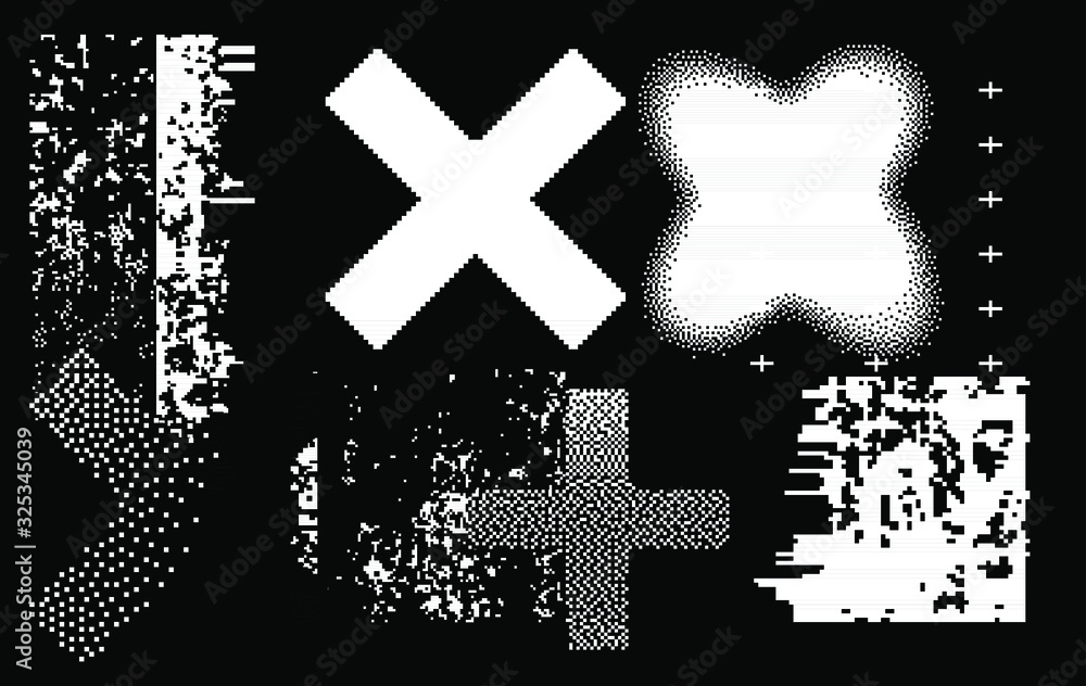 Aufkleber geometric composition with crosses and glitched and pixelated texture on dark background. set of pix