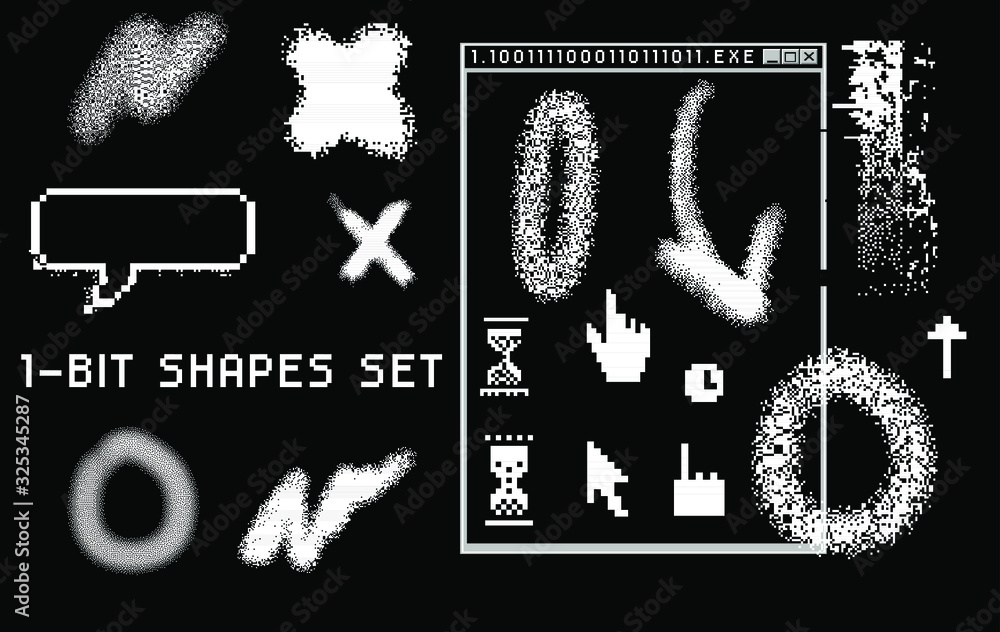 Poster set of black and white textures and geometric shapes. collection of 1-bit pixel art elements for des